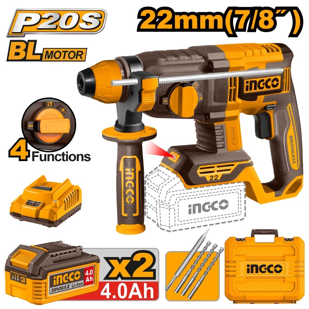 INGCO 20V Brushless 7/8" Cordless Rotary Hammer Drill – 2.0J SDS Plus | 2 × 4.0Ah Batteries