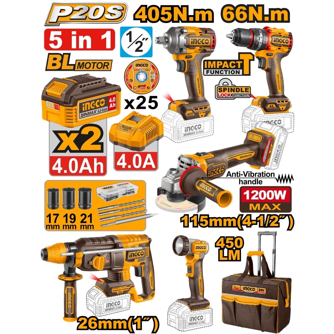 INGCO 20V Brushless 5Pc Cordless Tool Combo Kit โ Drill, Impact Wrench, Rotary Hammer, Grinder & Work Light | 2 Batteries