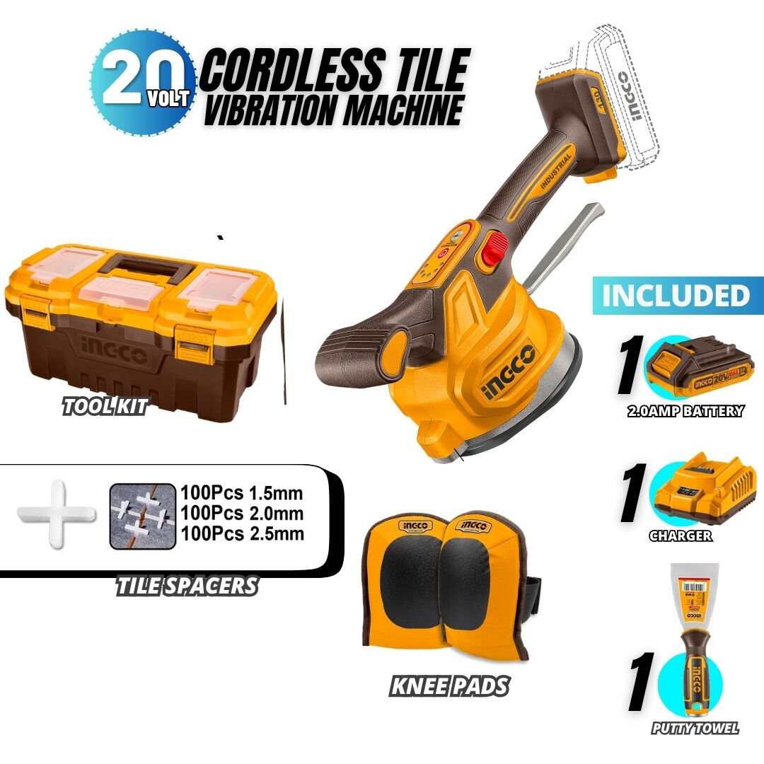 CORDLESS TILE VIBRATOR COMBO WITH BATTERY, CHARGER, KNEE PAD, TOOL KIT,TILE SPACERS & PUTTY TROWEL