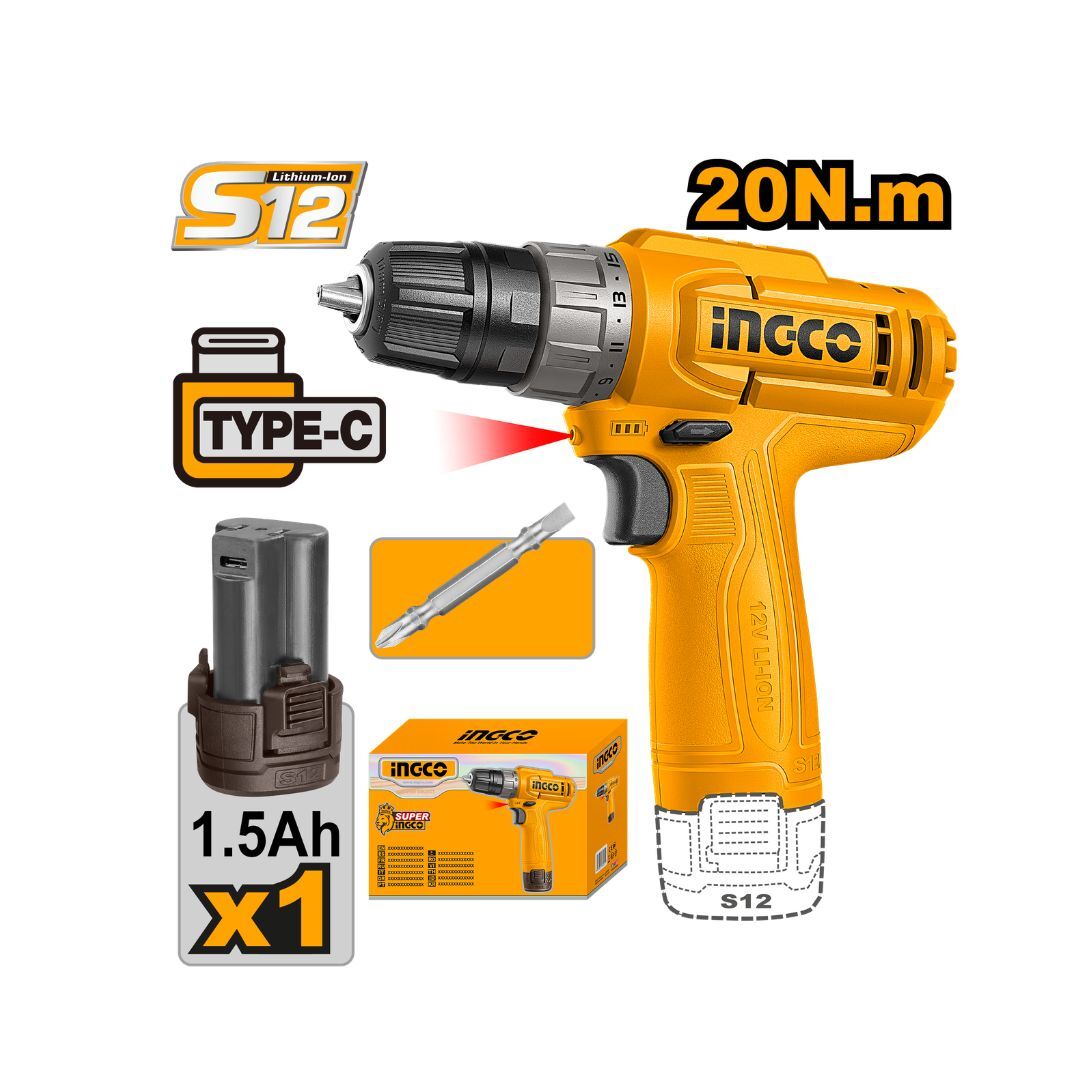 INGCO 12V Cordless Drill – Compact Power Drill with USB-C Charging & 1.5Ah Battery