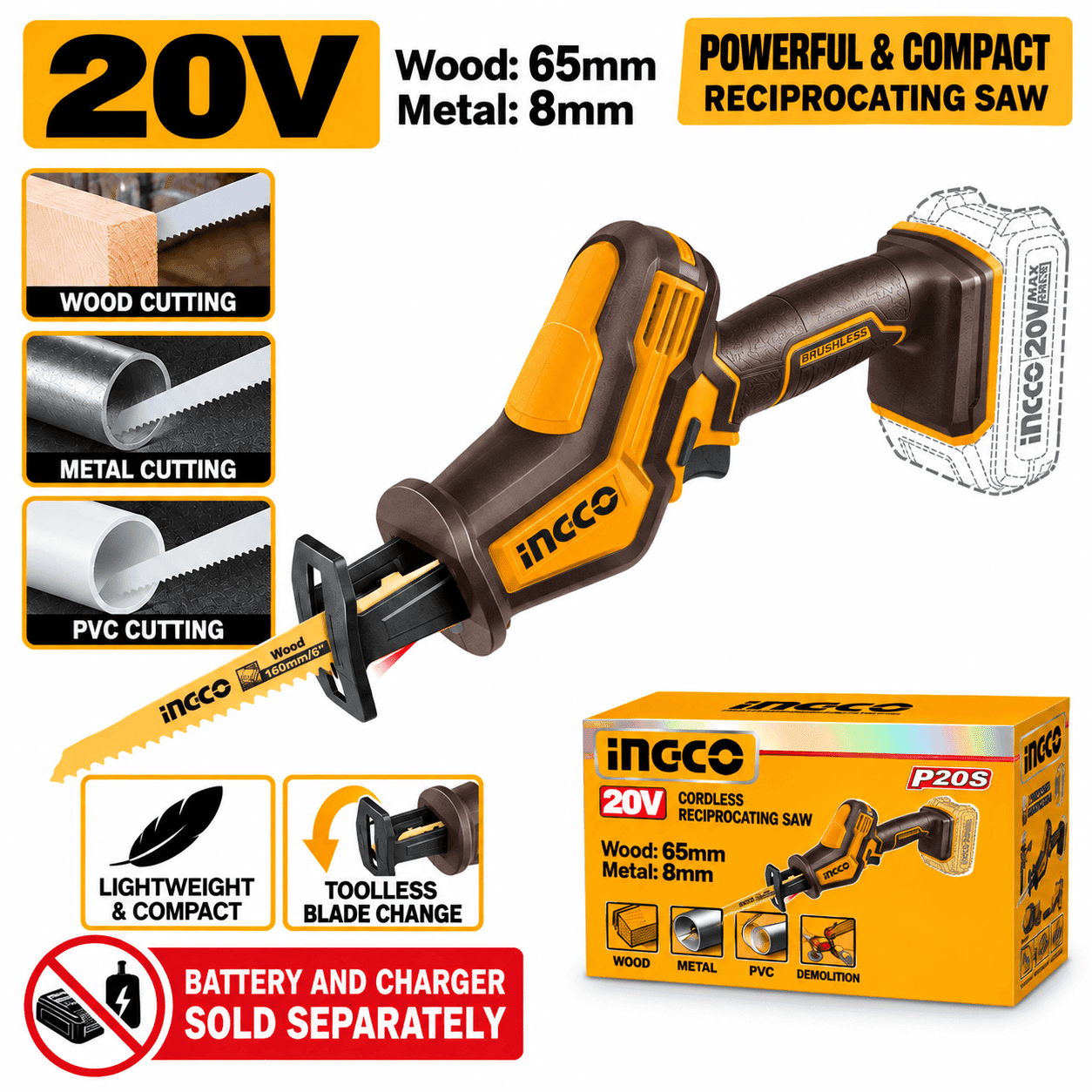 INGCO 20V Cordless Reciprocating Saw – Battery and Charger Not Included