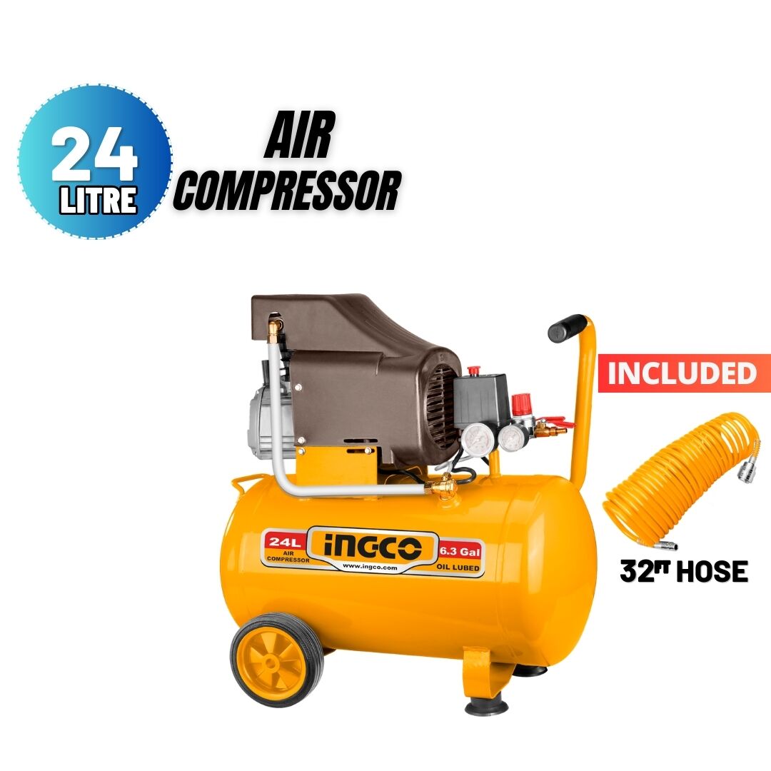 INGCO 24L 2HP Oil-Lubricated Air Compressor with 32ft Hose