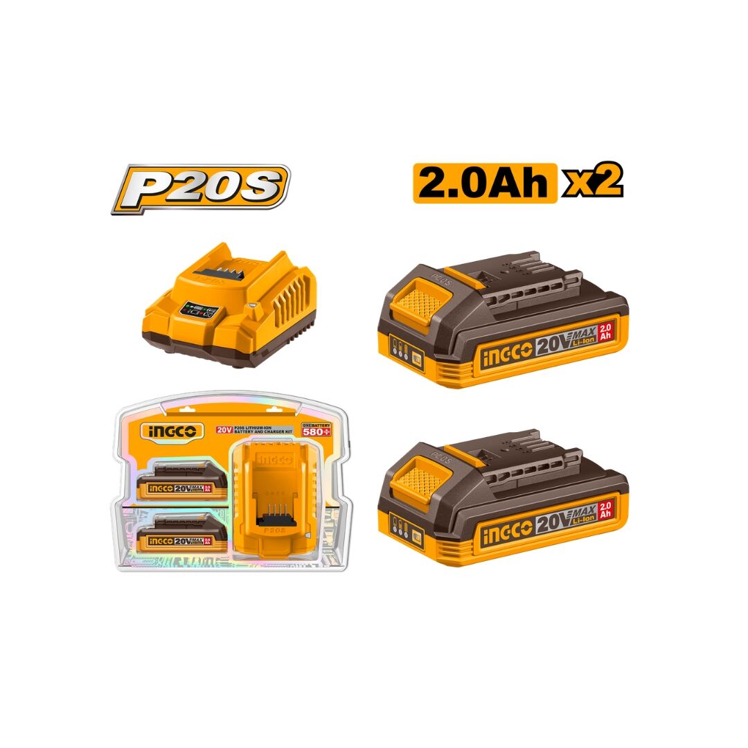 INGCO P20S 20V Lithium-Ion Battery & Charger Combo Kit – 2×2.0Ah Batteries