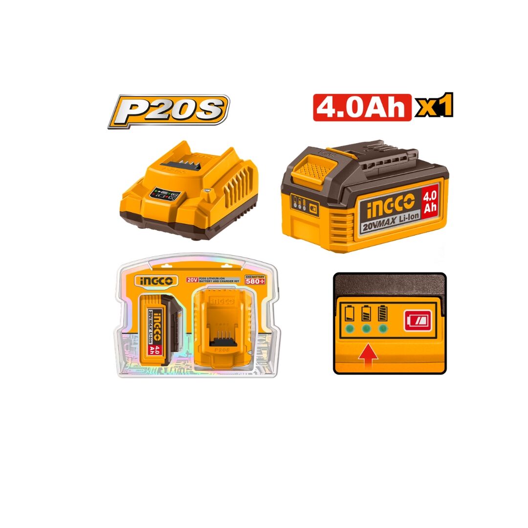 INGCO P20S 20V 4.0Ah Lithium-Ion Battery & Charger Combo Kit
