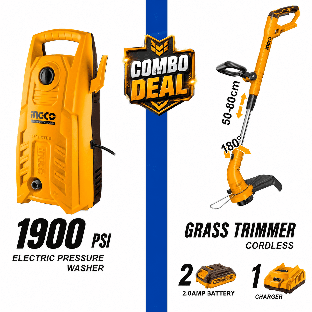 INGCO 1900 PSI Pressure Washer + Cordless Grass Trimmer Combo Kit