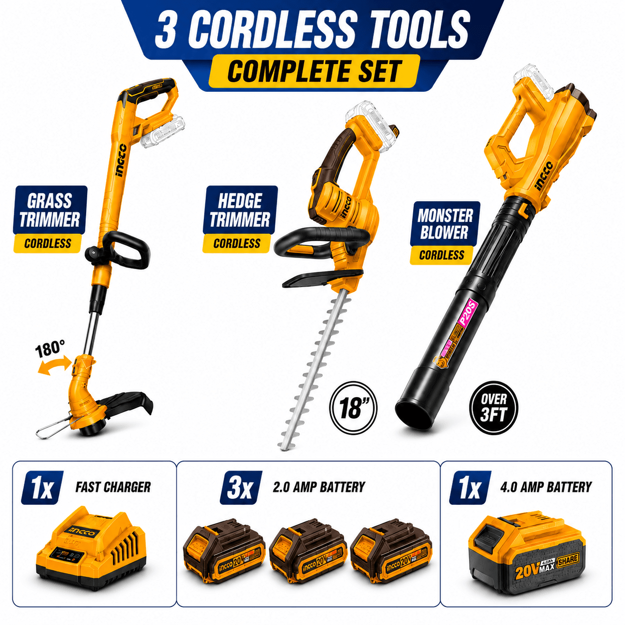 INGCO 3-Pc Cordless Yard Combo – Grass Trimmer + 18″ Hedge Trimmer + Monster Blower | 4 Batteries + Charger