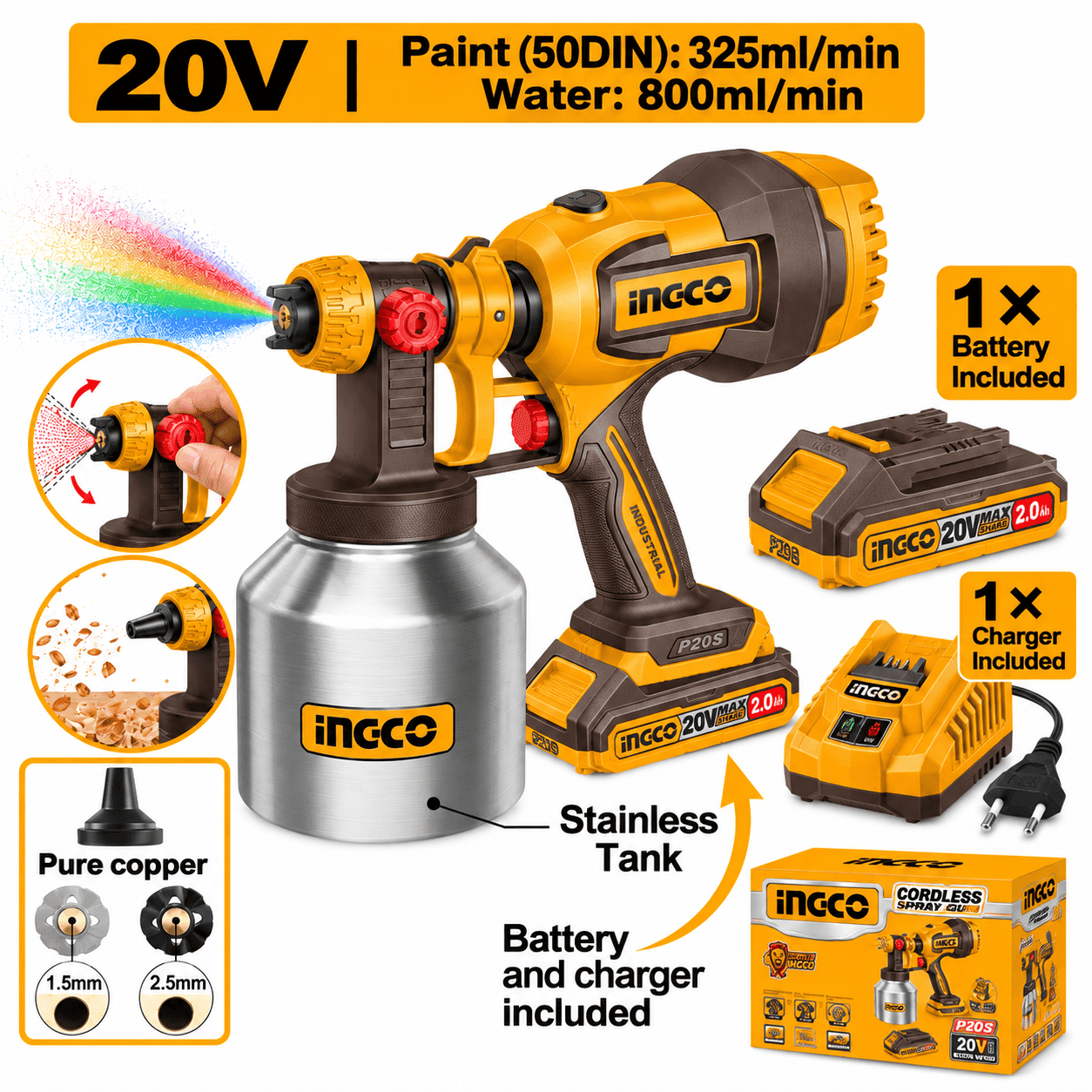 INGCO 20V Cordless Spray Gun with 2.0Ah Battery and Charger