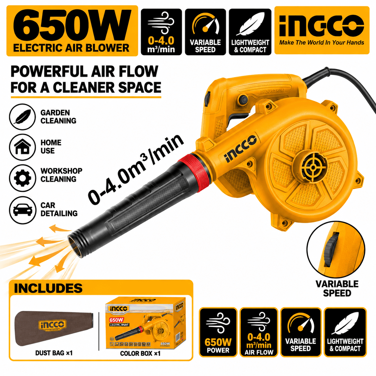 INGCO 650W 2-in-1 Electric Blower with Dust Bag