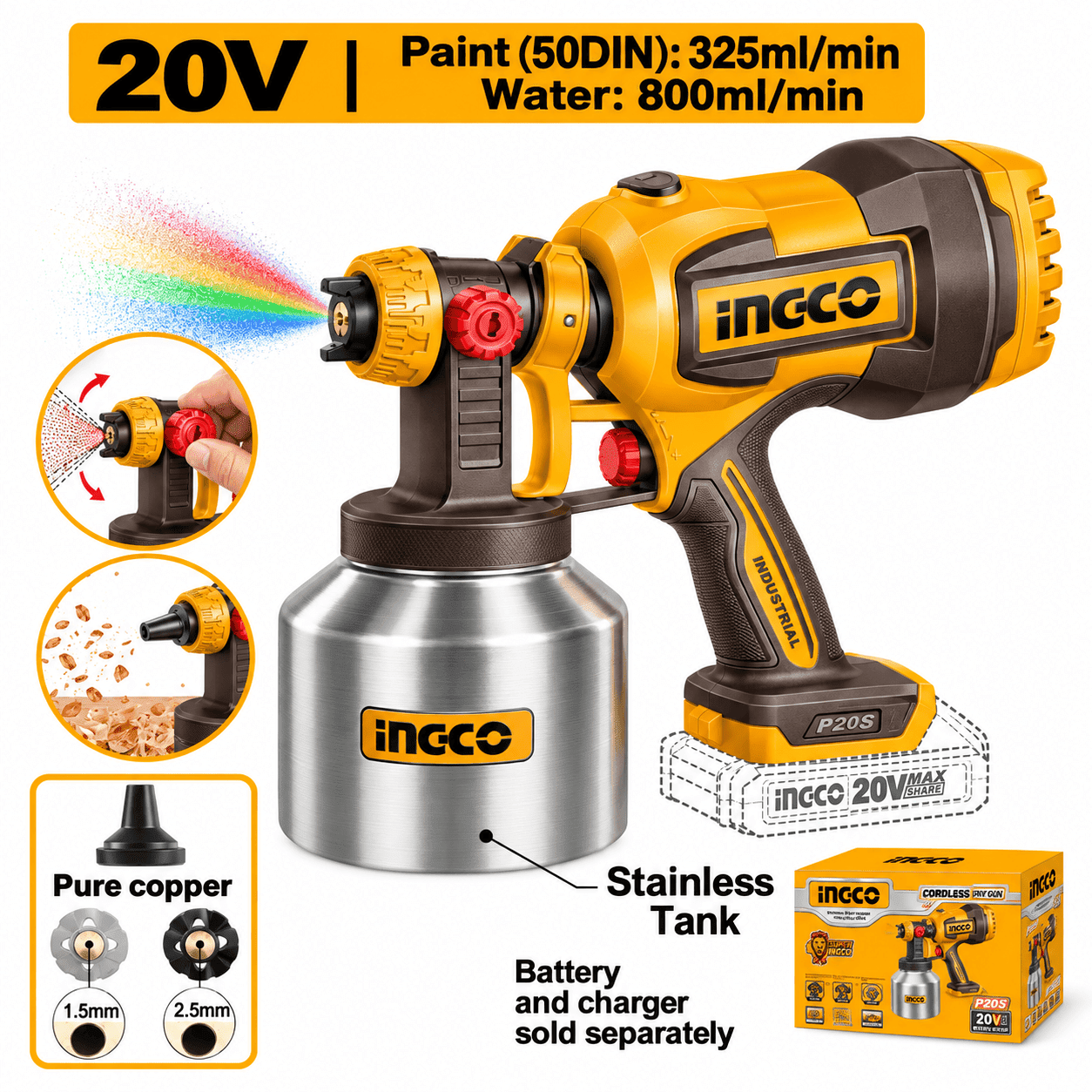 INGCO 20V Cordless Spray Gun – Battery and Charger Sold Separately